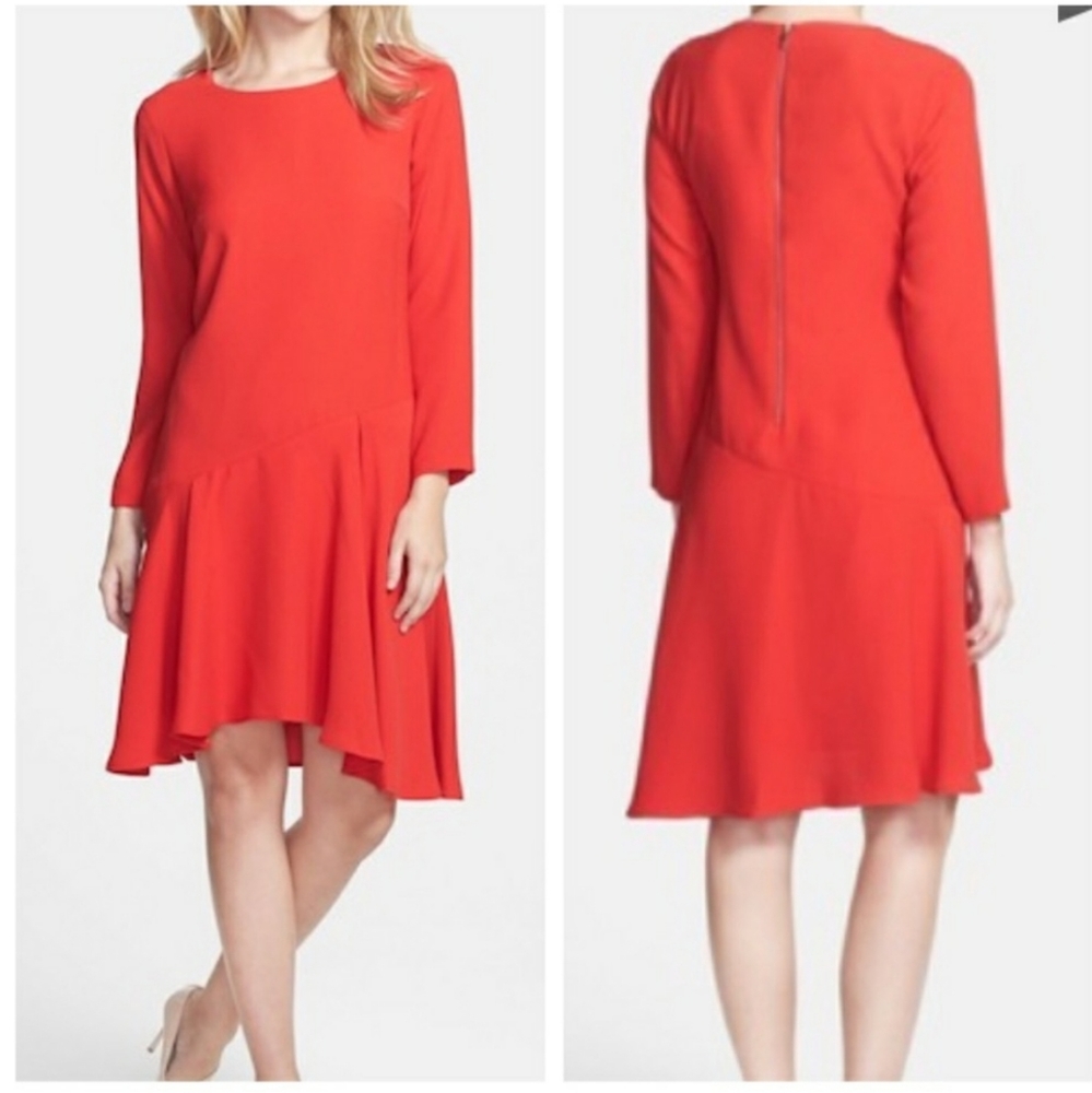 Vince Camuto Flounce Drop Waist Dress Holoday Glam Cherry Red